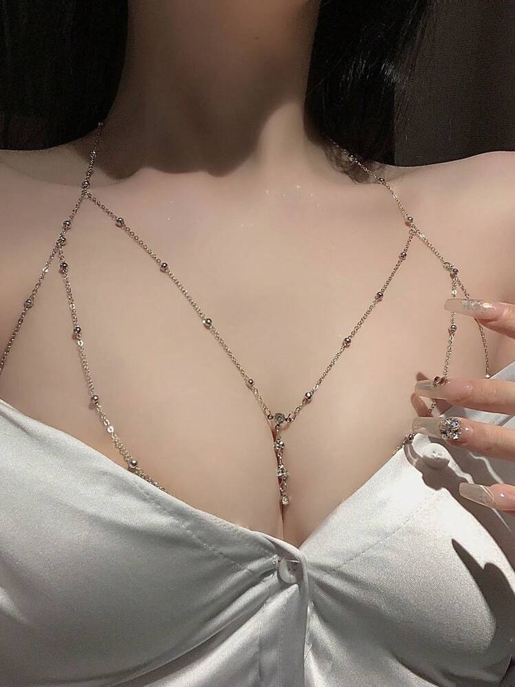 2pcs Women Sexy Body Chain Bikini Necklace Collarbone Chain Pendant Decoration Necklace Fashion Accessories, 1 Chest Chain + 1 Collarbone Chain For Rave - Multicolor - View 4