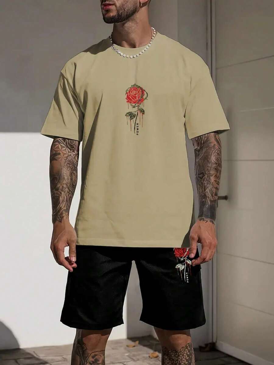 Pink Flower T-Shirt And Bermuda Shorts Set For Men's Fashion