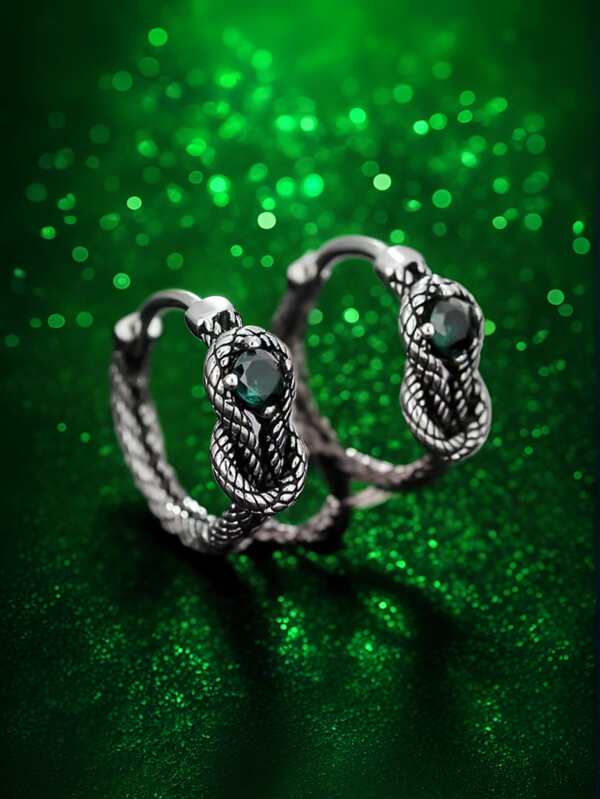 1 Pair Fashionable Green Stone Snake Coil Earrings, Minimalist, High-End, Personalized, Cool, Casual Earrings Suitable For Men To Wear Daily, Outdoor, Work, Great Gift For Friends Birthday