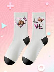 1 par de calcetines casuales y cómodos de media caña para parejas, personalizados con imágenes de amor