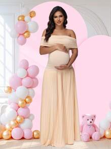 JustVH Maternity Off-Shoulder Party Dress Pleated Hem Women Baby Shower Maxi Gown