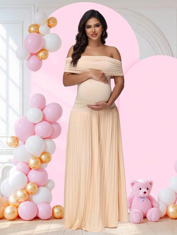 JustVH Maternity Off-Shoulder Party Dress Pleated Hem Women Baby Shower Maxi Gown