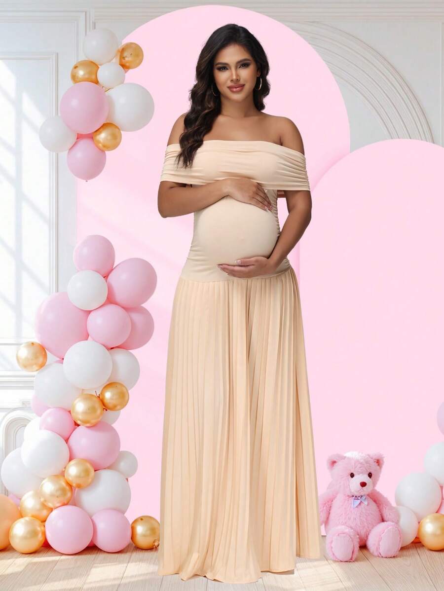 JustVH Maternity Off-Shoulder Party Dress Pleated Hem Women Baby Shower Maxi Gown
