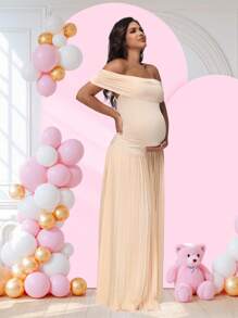 JustVH Maternity Off-Shoulder Party Dress Pleated Hem Women Baby Shower Maxi Gown