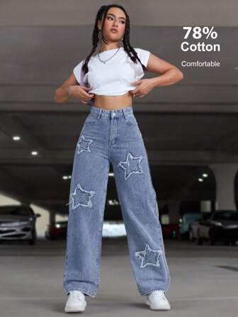 Women's Simple Everyday Star Embroidery Denim Long Pants