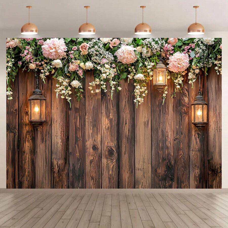 1pc Country Style Flower Wood Wall Background Banner, Wood And Pink White Flower Theme, Multi-Size, Polyester Material, Party Photography Background Decoration, Suitable For Weddings, Birthdays, Theme Parties, Home, Garden Decoration, No Electricity - Multicolor - View 1
