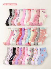 1/5/12 Pares de Meias Infantis para Primavera/Verão com Padrões Coloridos de Coelho, Urso e Coração, Meias Curtas Macias, Confortáveis e Respiráveis, Meias Casuais Versáteis Estudantis e Esportivas, Estilo e Cor Aleatórios para Volta às Aulas e Uso Diário