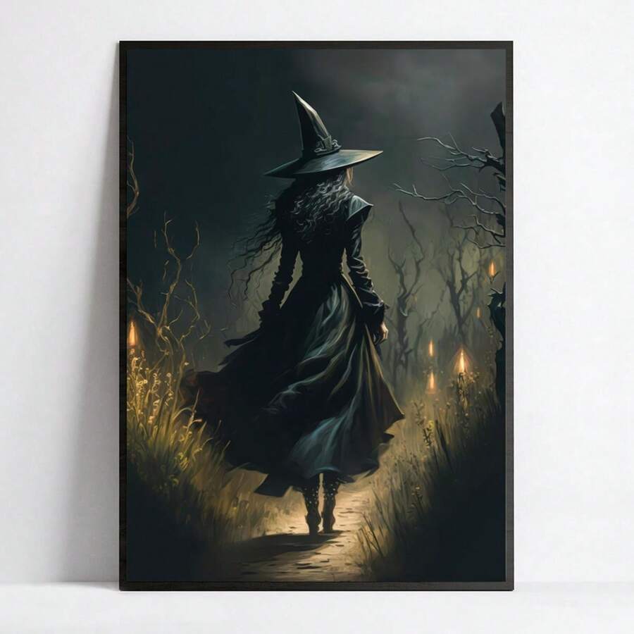 1 Pc Canvas Painting, A Beautiful And Elegant Halloween Witch's Back View, A Modern Retro Printed Poster With A Horror Theme Decoration Style, An Ink Painting Style Work Of Wooden Frame Canvas, A Portrait Witch Room Decoration, Suitable For Living Rooms, Bedrooms, Home Offices, And Indoor Witch Decoration, Wooden Framed Art,High Quality ,Thickness 2. 25cm/1inch Wall Art Prints Poster Direct Hanging Decor For Home Gifts,Living Room, Bathroom, Bedroom, Kitchen,Bar,Office - 黑色 - 查看 1
