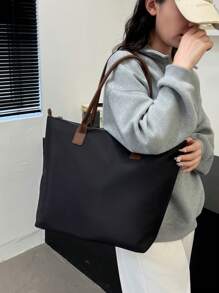Minimalist Fashion Large Capacity Oxford Cloth Tote Bag For Women, Lightweight Versatile Shoulder Bag, Casual Handbag - Black - View 9