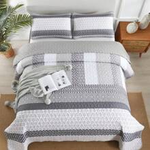 3 Pieces Grey Bohemian Striped Quilt Set Queen King California King Boho Bedspread Coverlet Set ,Soft Lightweight Microfiber Floral Pattern Bedding For Wedding Items,Valentines Day Home Bed Room Decor,Mothers Day Gift,All Season - Grey Bohemian Stripe - 查看 4