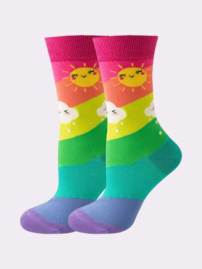 1 par de calcetines hasta la rodilla con diseño de arcoíris, sol y nubes - Diseño de dibujos animados coloridos, calcetines de moda para mujer, calcetines lindos, calcetines de otoño