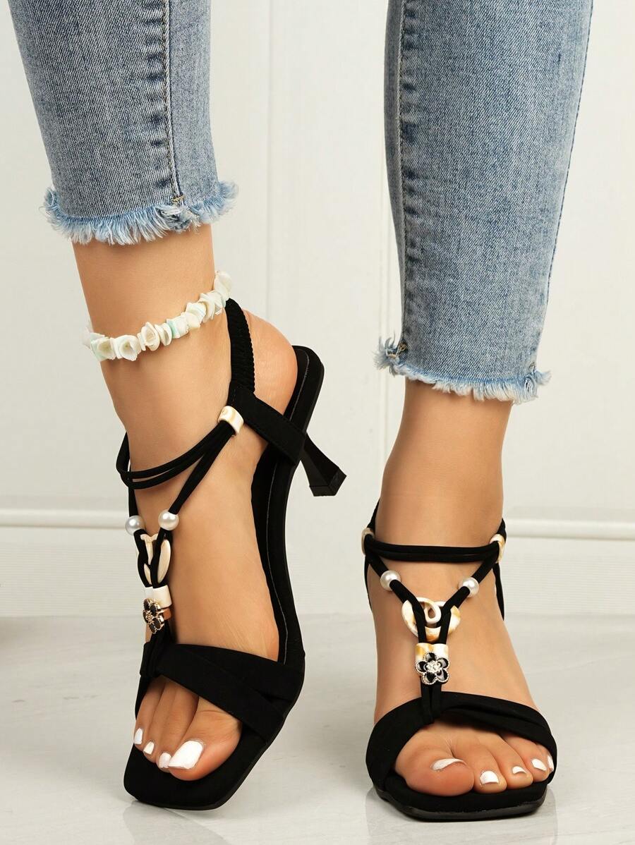 Women's Latest Design High Heel Shoes, Square Toe Strappy Beaded Bohemian Style Fashion High Heel Sandals