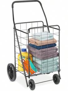 Whitmor Extra Large Utility Foldable Shopping Cart With Wheels, 100 Lb Capacity, Heavy Duty Grocery Cart With Steel Frame, Foam Handle, Rolling Collapsible Utility Trolley For Grocery, Laundry, Black - 15.75"L X 17.75"W X 40.5"H - View 11