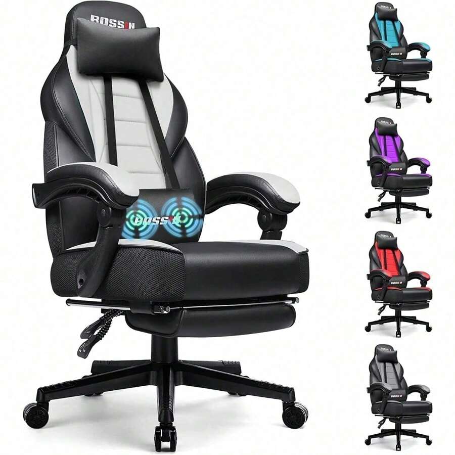 BOSSIN Gaming Chair with Footrest and Massage 400lb Weight Capacity, Big and Tall Gaming Chair for Adults, Ergonomic Heavy Duty Gaming Chair with Large Size Seat and High Back - Blanco - Ver 1