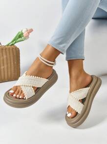 Sandales à orteils ouverts en tricot pour femmes, style féérique, semelle épaisse antidérapante, tongs d'été décontractées pour la plage, tongs plates à brides croisées