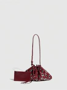 Edgy Metallic Rivet Shoulder Bag – Hollow Eyelet Drawstring Bucket Purse For Women |   Gothic-Chic Messenger Crossbody Bag - Rượu vang đỏ - Xem 2