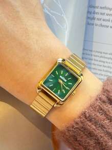 sottas 1pc 新款方形金色小绿表女简约大气韩版时尚休闲百搭小众轻奢精致钢带石英表 - 均碼 - 查看 15