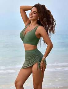 Womens Swim Skirt High Waisted Bikini Sets Tummy Control Swimsuits Mesh Sarong Wraps Bathing Suits - Army Green - View 3