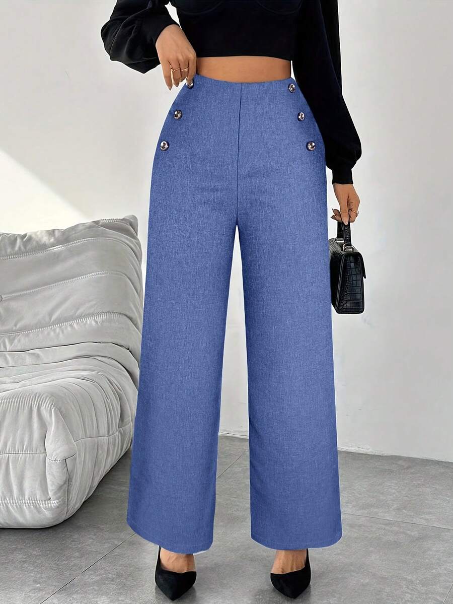 Fashion Women's Non-Stretch Wide Leg Long Pants, Double Button Zipper Fly, Suitable For Autumn Wear - Blue - View 1