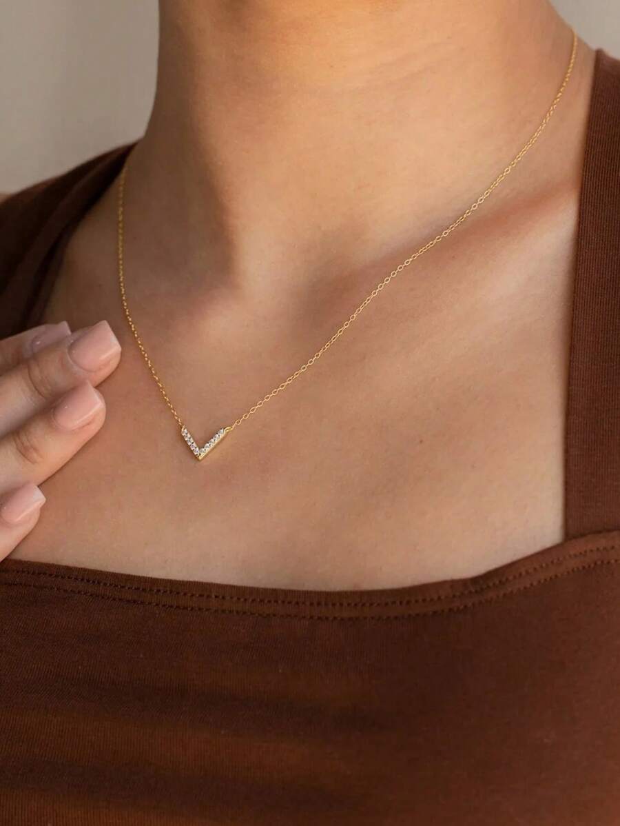 1 Pc Elegant V-Shaped Crystal Rhinestone Decor Clavicle Chain Necklace, Minimalist & Charming