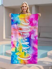 1pc Customized Text/Name Printed Microfiber Beach Towel, Quick Dry & Absorbent, Suitable For Sunbathing, Travel, Gym And Outdoor Activities. Multifunctional Lightweight Beach Towel, Essential Beach Accessory Summer Holiday Bathroom Decor, Multi-Functional, Durable, Ornamental, Reusable, Exquisite, Stylish, High-Quality, Colorful, Modern, Office, For Anniversaries, For Valentine's Day, For Mother's Day, For Birthdays, For Father's Day, For Graduation, For Weddings, For Housewarming Beach Essentials