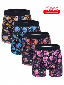 4pcs/Pack Men's Luminous Skull Mesh Breathable Long Leg Boxer Briefs - Multicolor - View 1