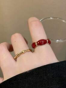 2pcs Set Spring New Encore Red Dripping Glaze Rose Open Ring Vintage Elegant Stackable Finger Ring, Fashionable Luxury Ladies Ring - Multicolor - View 8