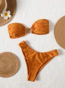 Women's Swimwear Set, Metal Decor Asymmetrical Front Bandeau With Detachable Straps, Sexy Holiday Split Bikini