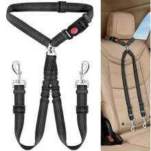尼龙双狗车载安全带，带可调节弹性缓冲牵引绳，防缠结双宠物车用头枕安全带，适用于两只狗，仅可手洗