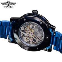 T-WINNER Winner Transparent Diamond Mechanical Watch Blue Stainless Steel Skeleton Watch Top Brand Luxury Business Luminous Male Clock