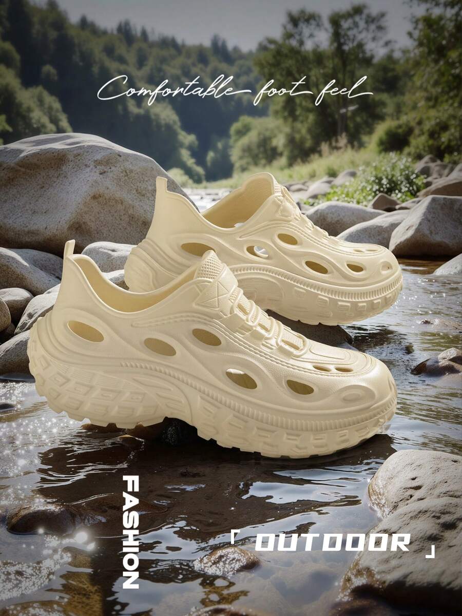 Khaki Men's Perforated Casual Shoes, Summer Stylish Men's Shoes With EVA Non-Slip Material, Soft & Comfortable, Suitable For Stream Crossing, Lace-Up Design - Khaki - View 1