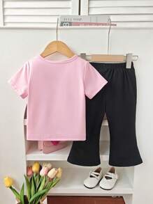 2pcs/Set Baby Girls' Flared Set, Bow Accent Short Sleeve T-Shirt + Solid Color Flared Pants, Summer