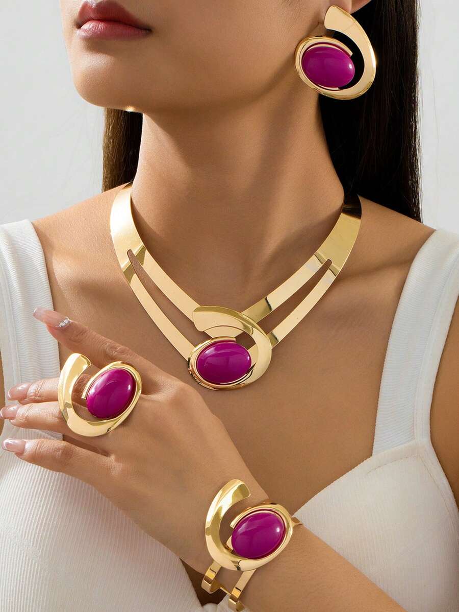 1Set New Exaggerated Personalized Rhinestone Asymmetrical Necklace Earrings Bracelet Ring Jewelry Set For Women, Party & Holiday Gift - Multicolor - View 1