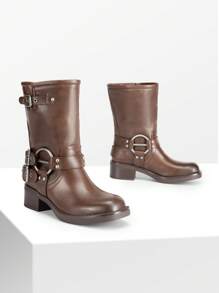 Women's Motorcycle Boots Buckle Decoration Chunky Western Cowboy Slip-On Fashionable Square Toe Combat Riding Mid-Calf Christmas Black Winter Boots - Brown - View 6