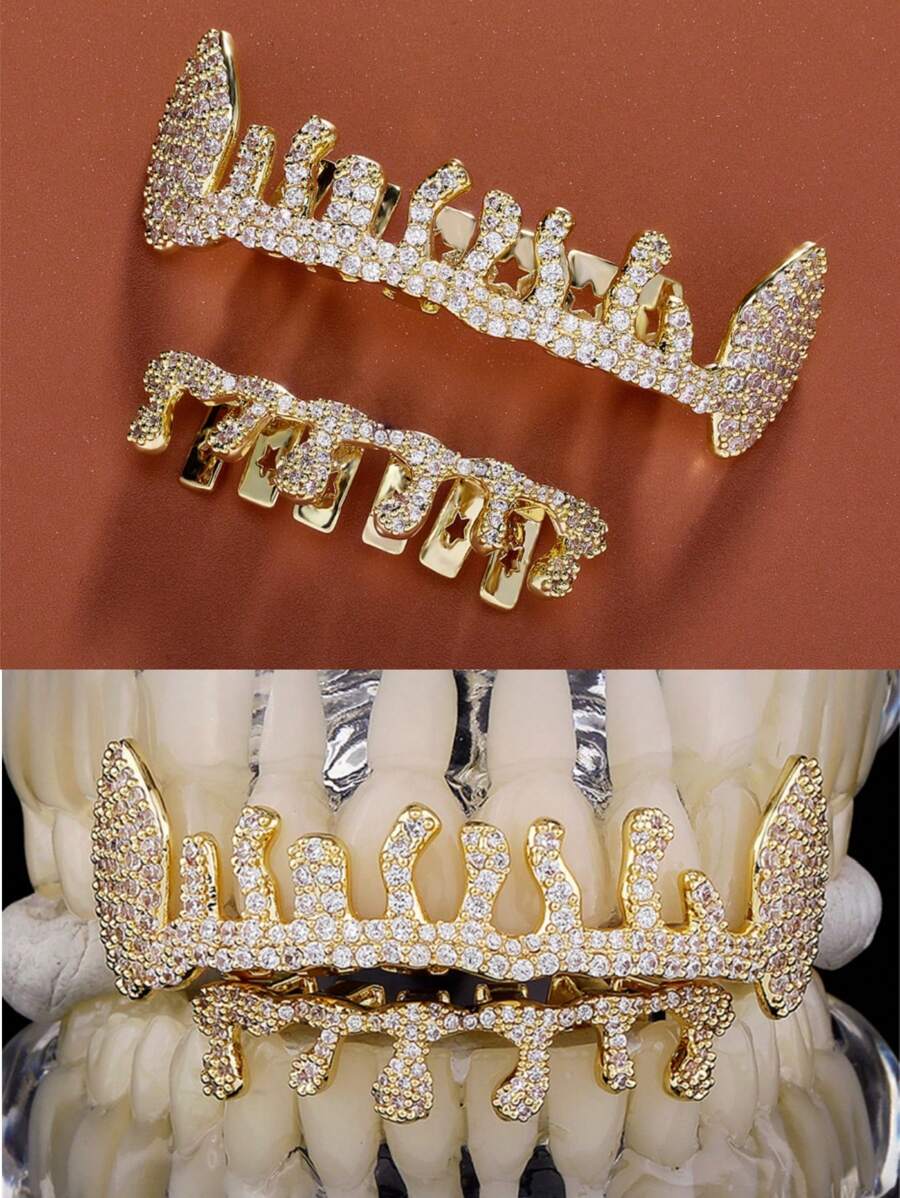 ZEIRLLZ 1 件/2 件嘻哈朋克 18K 镀金烤瓷牙套,镶嵌锆石,火焰树设计,万圣节、圣诞派对个性化配饰,男女皆宜 - 彩色 - 查看 1