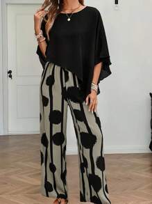 女士印花睡衣套装，不对称下摆上衣和条纹图案裤，休闲