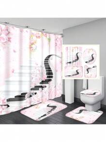 1pc/4pcs Floral Print Multipurpose Bathroom Decor Set Includes: Waterproof Shower Curtain With 12 Hooks, Bathroom Anti-Slip Mat, U-Shaped Toilet Mat, Round Toilet Lid Mat - Suitable For All Bathroom Scenes Back To School