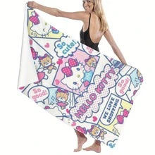 Sanrio 1pc Sanrio Kuromi Hello Kitty My Melody Cartoon Design Beach Towel, Quick-Dry, Cute Cartoon Animal Combo Pattern, Minimalist Style, Single-Sided Printed Hemmed, Essential For Beach/Bath, 70x150cm/80x160cm