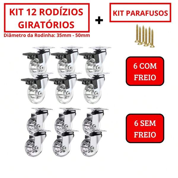 Kit 12 Rodizio Giratório Gel Rodinha Silicone 6 Com Trava 6 Sem Trava COM Parafusos - 35mm