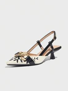 Fall/Winter 2025 Women's Pointy Toe Chain Embellished Floral Embroidery Kitten Heel Slingback Pumps, Elegant For Party, Formal Occasion, Festive Celebration, Commute, Suitable For Spring/Summer, Black,Elegant,Pointed Heels