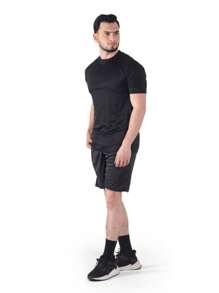 Absanoh Men's Short Sleeve T-Shirt And Short Workout Set Solid Color Round Neck Tee Set Knitted Casual 2 Piece Set For Spring And Summer Gym Sports Outfit - Black - View 2