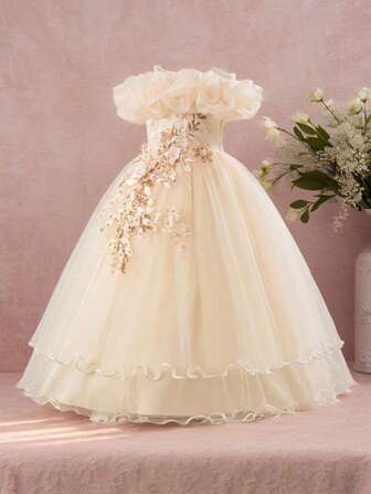 香槟色薄纱花童礼服生日公主礼服花童礼物送给她的小伴娘礼服女孩婚纱舞会礼服特殊场合女孩礼服