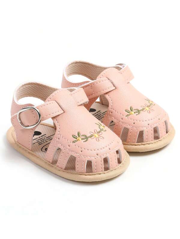 1 Pair Of Baby Sandals Breathable Lightweight Soft Soles Suitable For Indoor And Outdoor Anti-Slip Walking In Summer Lovely Embroidered Flower Design.