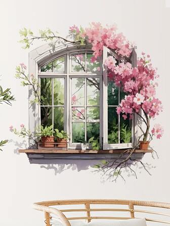 1 件 3D 幻觉仿窗墙贴 - 植物花卉防水 PVC 贴花，适用于卧室、客厅和走廊，异想天开的春季家居礼物，适合情侣和自然爱好者礼物生日毕业房间装饰家居装饰墙壁装饰浴室装饰卧室装饰房间装饰用品客厅装饰家居装饰客厅墙壁艺术墙纸贴纸个性化贴纸