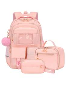 3pcs/Set Teen Girl's Backpack - Middle School Student Bag With Lunch Box Pocket & Pencil Case, 15.6-Inch School Laptop Backpack, Casual Simple Multi-Pocket Design With Plush Ball Pendant, Back-To-School Essential For School & Travel