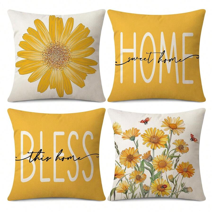 4PCS Spring Summer Pillow Case Yellow Daisy Ladybug Sweet Home Blessing This Home Decoration Cushion Cover Sofa Bed Home Decoration Single Sided No Pillow Core