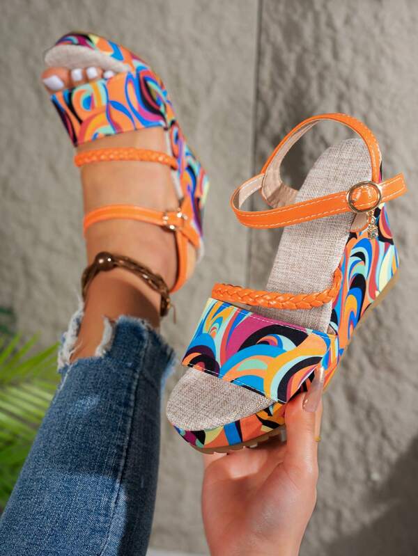 Damen Plateausandalen, orange geflochtene Riemen Sommer Strand Urlaub wasserdichte Keilabsatz Schuhe, zufälliger Blumen Muster Stoff