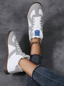 灰色女式复古帆布鞋平底运动鞋，休闲系带运动舒适耐磨多功能硫化橡胶鞋底运动鞋 - 灰色 - 查看 5