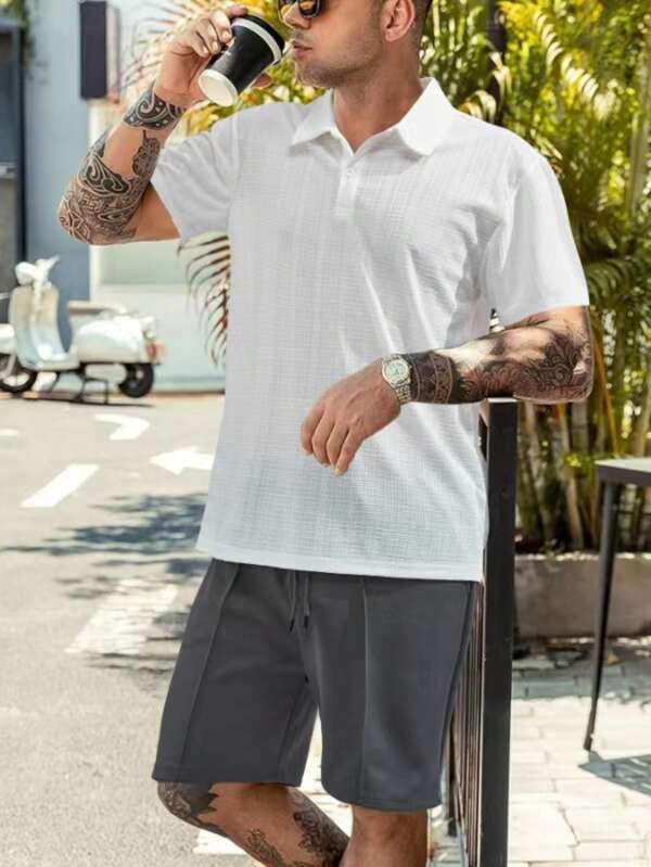 1pc Men's Fashion Casual Business Polo Shirt | High-End Solid Color Jacquard Polo Shirt | Golf/Polo | Breathable & Warm | Indoor & Outdoor Wear | Middle East Religious Elements | Suitable For Spring, Summer, Autumn And Winter