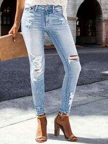ARWY Jeans Skinny Rotos de unicolor Minimalistas para Uso Diario, Estiramiento Medio Primavera Otoño para Mujeres - Azul lavado medio - Ver 4